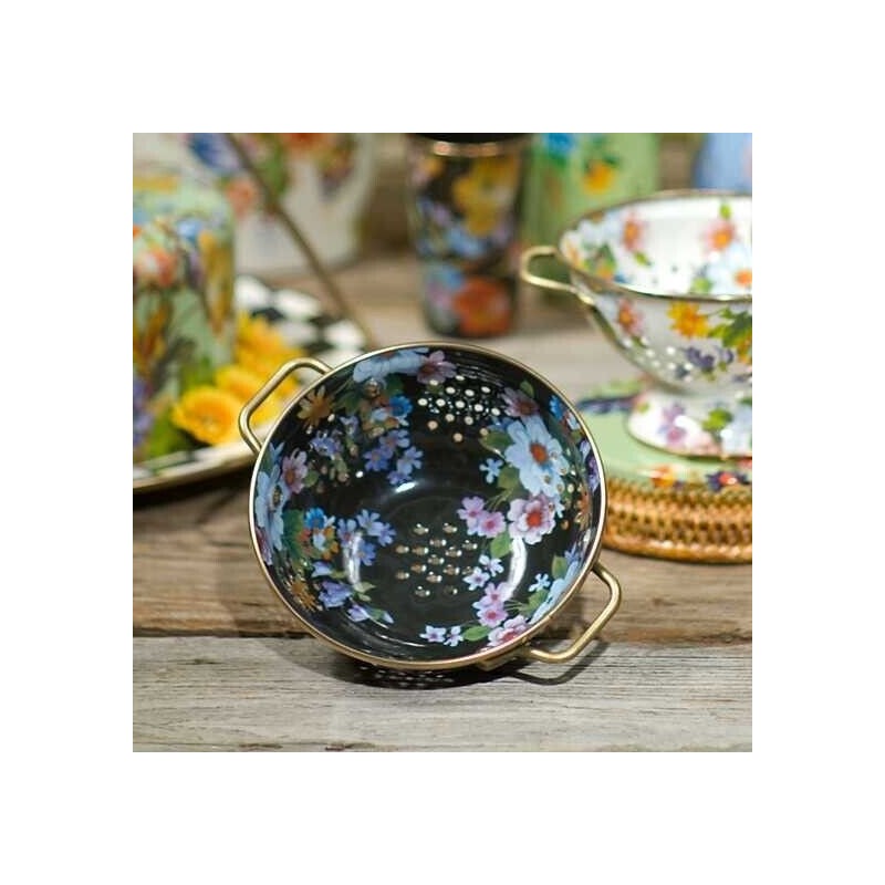 MacKenzie Childs Colander Flower Market Enamel Small Strainer 8x3.75” Black