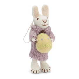 Én Gry & Sif Hand-Felted Easter Bunny with Ornament - Bunny - Felt Pendant - Easter Decoration - Fair Trade Handmade (White Rabbit with Yellow Egg)