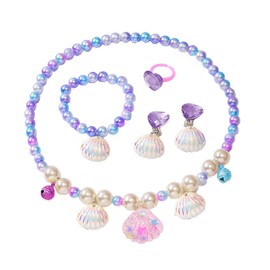 HEOXIN Girls' Mermaid Shell Jewellery Sets, Necklace Earring Bracelet Ring Set, Pearl Elastic Cord Bell Adjustable, Jewellery Set Toddler Little Princess Girl Dress Up, Pink/Blue