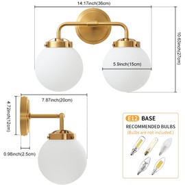 Deyidn Bathroom Vanity Light Fixtures Over Mirror, Modern Brass Gold 2 Lights Wall Sconce Lighting with Milky Glass Ball Shades, Mid Century Farmhouse Bathroom Lighting
