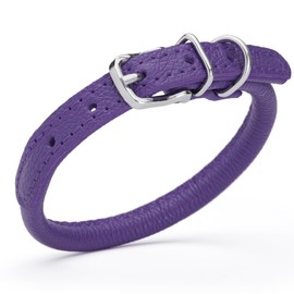 Dogline Soft and Padded Rolled Round Leather Collar for Dogs W1/3" - L13"-16", Purple