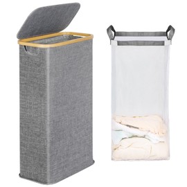 Slim Laundry Basket with Lid, Narrow Laundry Hamper with Removable Bag, Skinny Dirty Clothes Basket with Bamboo Handles for Bathroom, Bedroom & Laundry Room, 63L Ash Grey