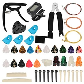 TIMESETL Guitar Accessories Kit Guitar Tool Changing Kit Include Acoustic Guitar Strings, Tuner, Capo, String Winder, Picks, Pick Holder, Bridge Pins, Nuts & Saddles, Finger Protector, Finger Picks