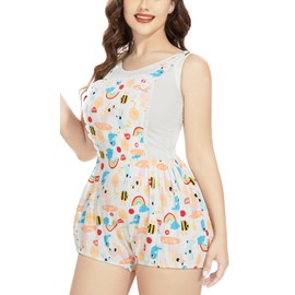 CutiePlusU Cotton Short Overalls Shortalls Cotton Button Crotch Adult Romper Onesie- Rainbow Animals 4XL