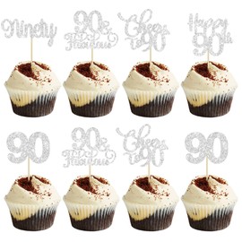 Ephlyn Paquete de 30 adornos para magdalenas de 90 cumpleaños con purpurina plateada de noventa vítores a 90 años de edad, para decoraciones de pasteles de feliz 90 cumpleaños