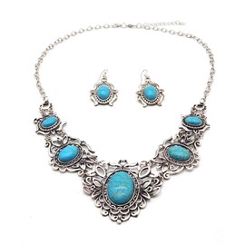 Dishowme Turquoise Necklace Earrings Set Bohemian Gemstone Flower Pendant Necklace 3Pcs Vintage Geometric Water Drop Western Costume Dangle Jewelry for Women Girls (Blue F)