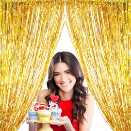 Gold Backdrop Fringe Curtain for Party Decor -6.5x6.5ft, Pack of 2 | Gold Foil Curtain Backdrop Tinsel Streamers for Bachelorette Party Baby Shower Graduation Birthday Wedding Photo Booth Backdrops