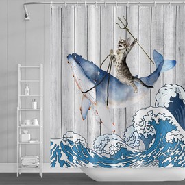 SDOTPMT 90 x 183 cm Funny Cat Riding Whale Shower Curtain Vintage Wooden Floor Japanese Sea Ocean Wave Bath Curtain Cute Cartoon Bath Curtain Waterproof for Bathroom Bath Curtain with Hooks