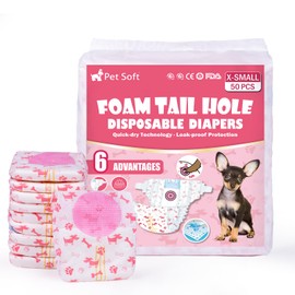 Pet Soft Disposable Dog Diapers - Female Dog Diapers with Adjustable Foam Tail Hole, Ultra Protection Puppy & Cat Diapers Wetness Indicator for Dogs in Heat or Incontinence, 50pcs (XS,Red)