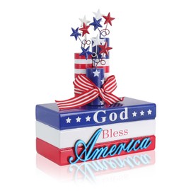 MEETYAMOR Memorial Day Decorations, 4th of July Decorations, God Bless America Wooden Stacked Books Sign with Firework, Patriotic Independence Day Decor for The Home, Tiered Tray, Shelf, Table, Mantel