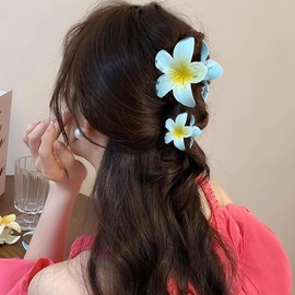YIHONGYAN Flower Hair Clips for Women Claw Clips Summer Beaches Fashion Hair Accessories with Blue Gradient Cute Plumeria Design Barrettes Hold Hair in Place for Thick Thin Hair(3Pcs: 1 large 2 small)