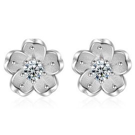 BROWOL Earrings Stud Earrings 925 Sterling Silver Fashion Small Fresh Cherry Blossom Mosaic Diamond Hypoallergenic Earrings Gift for Women, Sterling Silver, Diamond