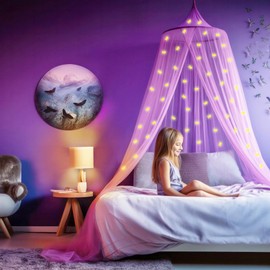 Purple Canopy for Girls Bed with Pre-Glued Glow in The Dark Unicorns - Princess Mosquito Net Room Decor - Kids & Baby Bedroom Tent with Galaxy Lights - 1 Opening Canopy Bed & Hanging Kit Included
