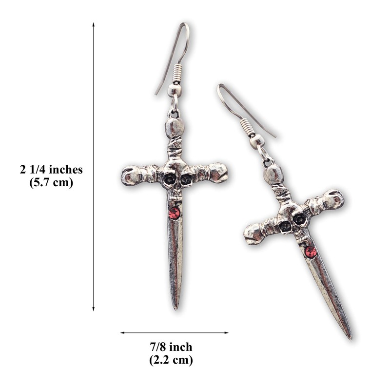 Gothic Skull on Crossbones Dagger Silver Finish Medieval Renaissance Dangle