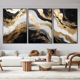 ZQARTZZQ Framed Abstract Wall Art Black and Gold Canvas Black Marble Pictures Decor Modern Gold Foil Artwork Prints White Grey Painting Set of 3 for Living Room Bedroom Office Bathroom
