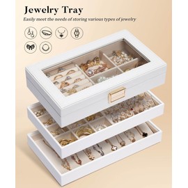 Homde Jewelry Tray Stackable Jewelry Box with Glass Lid, Removable Dividers for Vanity Table Gift Idea for Girls and Women (White)