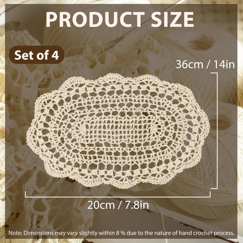 kilofly Crochet Cotton Lace Placemats Doilies 4pc, Oval, Beige, 7.8