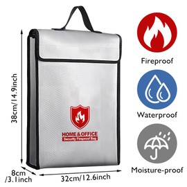 Fireproof Document Bag, 1200°C Document Bag, Waterproof, 38 x 32 x 8 cm, Fireproof Bag, Fireproof Document Box for A4 Documents, Bank File
