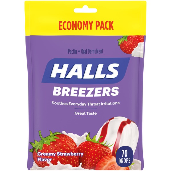 Halls Breezers Creamy Strawberry Throat Drops, Economy Pack, 70 Drops