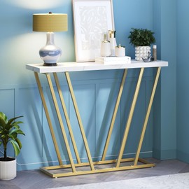 MAHANCRIS Gold Console Table, Modern Entryway Table with Geometric Metal Legs, Faux Marble Narrow Sofa Table, for Living Room, Hallway, Foyer, Gold and Marble White CTJM11101