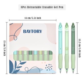 BAYTORY 8Pcs Cute Retractable Erasable Gel Pens, Blue and Black Ink Pen with Eraser Clear, Smooth Writing Comfortable to Use for Note Taking Marking Planner Crossword Puzzles (Green)