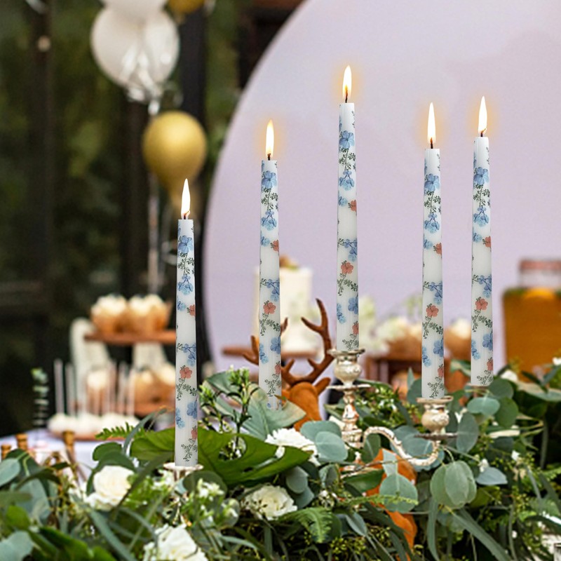 10 Inch Taper Candles Candlesticks Blue Flower Printed,2 Pack Handmade