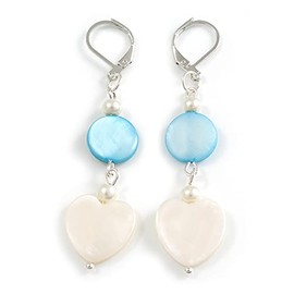 White/Light Blue Shell Heart Beaded Drop Earrings In Silver Tone - 60mm L