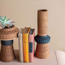 Bloomingville Handmade Debossed, Terra-Cotta Color Vase, Terracotta & Black