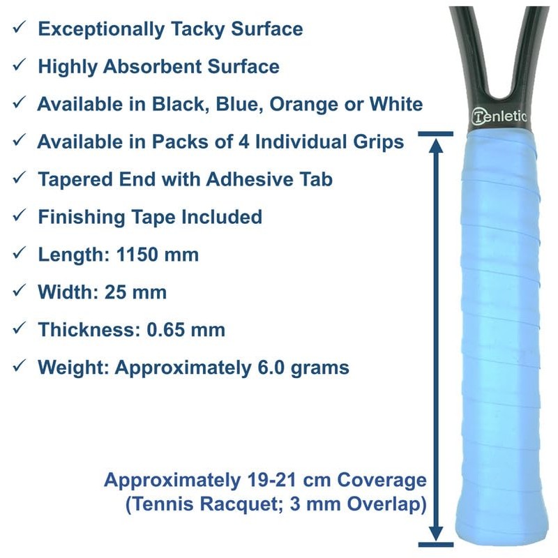 Tenletic MegaGripper Racket Overgrip Tape – Blue – 4-Pack –