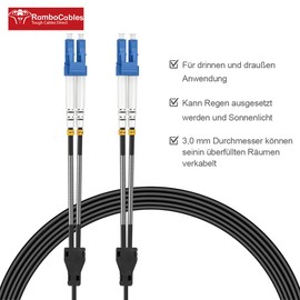 RamboCables 10 m Armoured Fibre Optic Cable OS2 LC to LC Duplex Singlemode, Fibre Optic Cable for Indoor and Outdoor Use, 10 GB 9/125um LSZH OD 3.0 mm, Black
