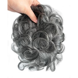 ICRAB Short Curly Real Human Hair Topper with Front Bangs for Women,Breathable Wiglets Hairpieces 5.1x5.5 Large Coverage Women Toupee Clip in Top Wavy Hair Pieces Topper(10",Grey White)