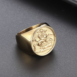 Joliernelle Sovereign Ring Gold for Men Stainless Steel St. George Dragon Slayer Signet Ring Size Z 1/3