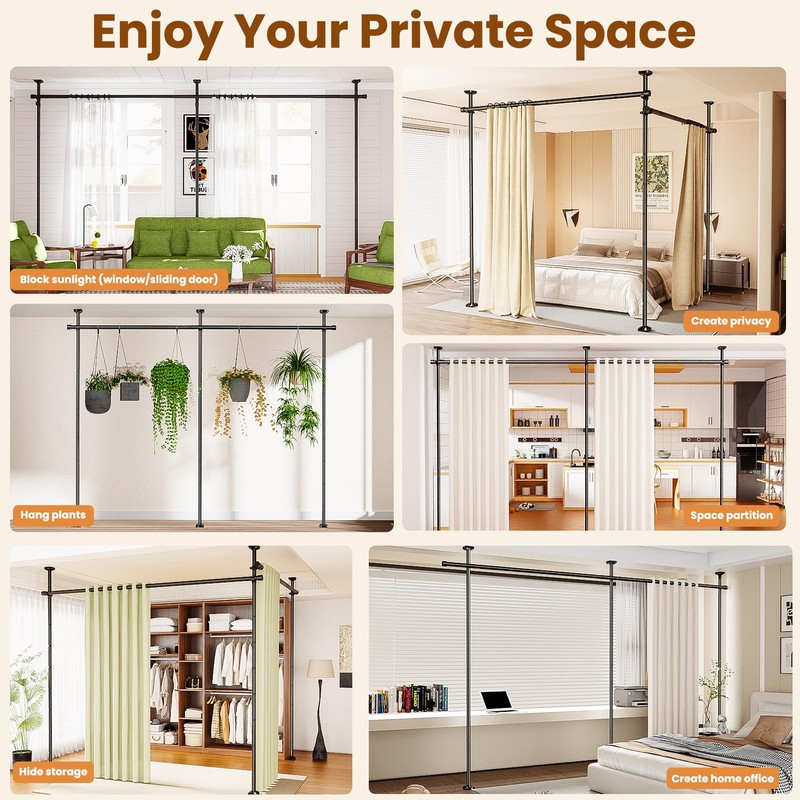 Bonpally Room Divider Curtain Rod, No Drilling Tension Rod for