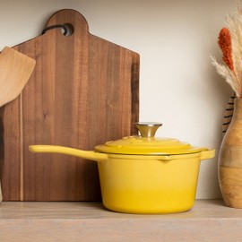 Larder & Vine 2.2 Quart Enameled Cast Iron Saucepan with Lid, Cast Iron Pan with Pour Spouts, Ergonomic Handle, Helper Handle, Self-Basting Lid with Drip Bumps, No Seasoning Required (Limoncello)