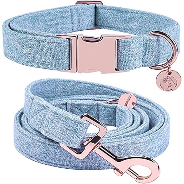 DOGWONG Cotton Dog Collar and Leash Blue Pet Collar Soft