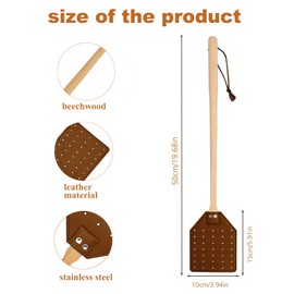 Heavy Duty Leather Fly Swatter, Long Handle Fly Swatter with Beech Wood Handle 19.7" Length, Flyswatter for Indoor and Outdoor (Brown)
