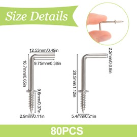 UFURMATE Screw Hooks, 80 Pieces Copper Plated L Shaped Hooks, Shoulder Dresser Cup Hooks, Right Angle Hooks, Self Tapping Screw Hooks for Hanging (Silver)