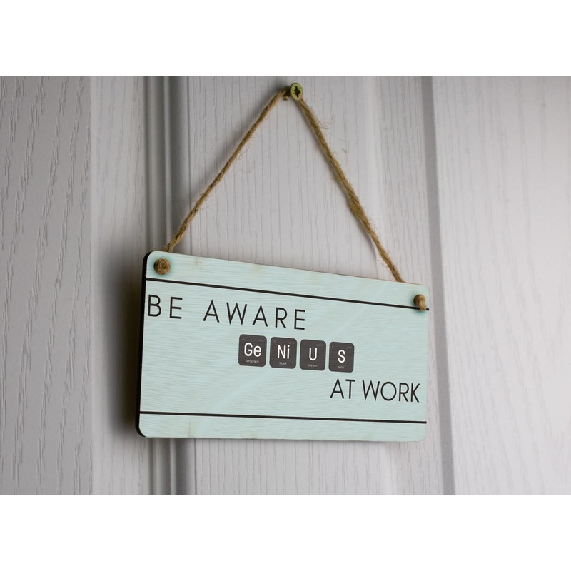 Genius at Work: Funny Full Colour Hanging Plywood Sign -
