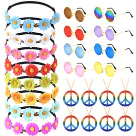 CHRORINE 48 Pcs Hippie Costume Accessory Set for Women Men Includes Hippie Headband Sunglasses Party Supplies for Hippie Party Decorations