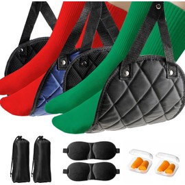 Premium 2-Pack Airplane Foot Hammock with 2 Eye Masks & 2 Earplugs Set - Adjustable Length Foot Rest for Comfortable Plane Travel, Portable Under Desk Flight Foot Leg Sling - Black & Blue