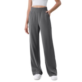 ODODOS Chiffon Flowy Wide Leg Pants for Women Lightweight High Waist Pull-On Pants with Pockets, 31" Inseam, Charcoal, Medium