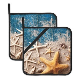2 Pack Seashell Starfish Pot Holders for Kitchen Heat Resistant, Blue Wooden Beach Potholders for Kitchens Washable for Cooking & Baking & Microwave
