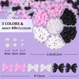 120 Pcs 3D Nail Bow Charms + 2-4mm Nail Pearls Set 8, Pink White Black Bow Nail Charms and White Flatback Pearls with Nail Charm Glue Gel(UV Needed) and Pickup Tools for Nail Art Decoration, Small