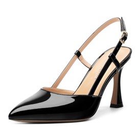 MisaeMila Women's Kitten High Heel Pumps - Pointed Toe Buckle Casual Fashion Wedding Party Dress Slingback Heels Black Patent Size 8.5