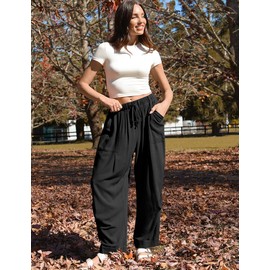 TARSE Womens Linen Palazzo Pants Baggy Casual Harem Pants with Pockets, Black, M