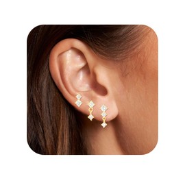 3Pairs 14k Gold Plated 925 Sterling Silver Stud Earrings for Women,Dainty Stud Earrings,Hypoallergenic Gold Studs Earrings,Tragus Earrings,Small Dangle Earrings Sets for Multiple Piercing (Silver)