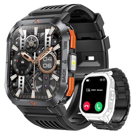 EIGIIS Outdoor Smartwatch with LED Flashlight(Multi-Sport Modes), 3ATM Waterproof, Compass, Smart Watch with Wireless Calls, Music Playback, Weather Forecast, 2.02 Inch Full Touch Screen - Color: Black+Black Steel Band