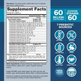Vital Planet - Vital Flora Ultra Daily Probiotic 60 Billion CFU, Diverse Strains, Organic Prebiotics, Immune Support, Bloating Relief, Digestive Health Probiotics for Women and Men 60 Capsules