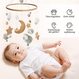 Mobile Baby Wooden Sheep Mobile Baby Bed Wind Chime, Clouds Moon Star Baby Mobile for Bed, Baby Toy Gift for Girls or Boys (Grey)