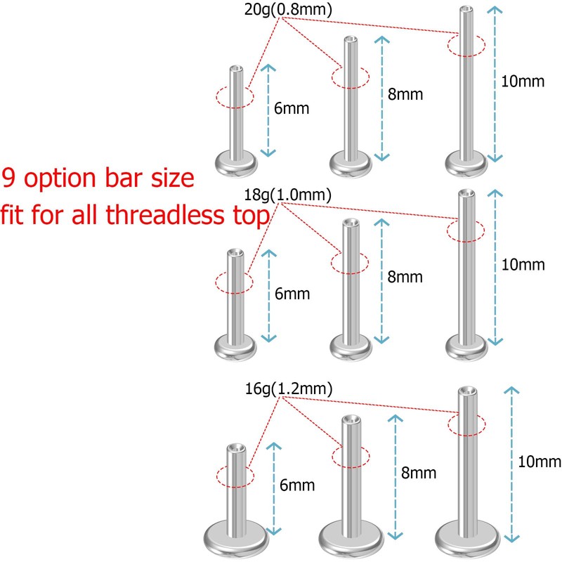 NewkeepsR 16G×8mm Threadless Flat Back Labret Stud Post Replacement, Implant